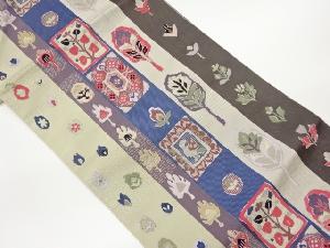 縞に草花模様織出し名古屋帯